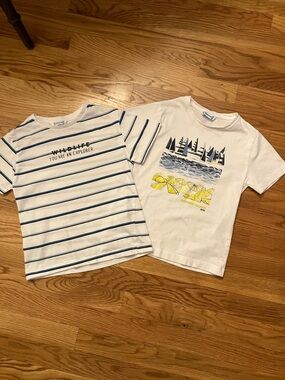 Mayoral Two size 6 White Striped & Graphic Tee Set with Navy and Yellow Accents